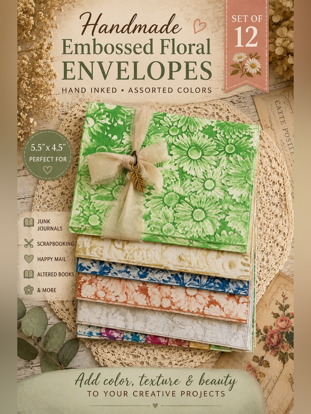 12 Handmade Embossed Floral Envelopes – Junk Journal Craft Set